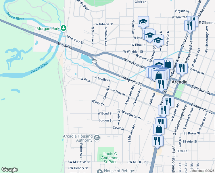 map of restaurants, bars, coffee shops, grocery stores, and more near 54 West Myrtle Street in Arcadia