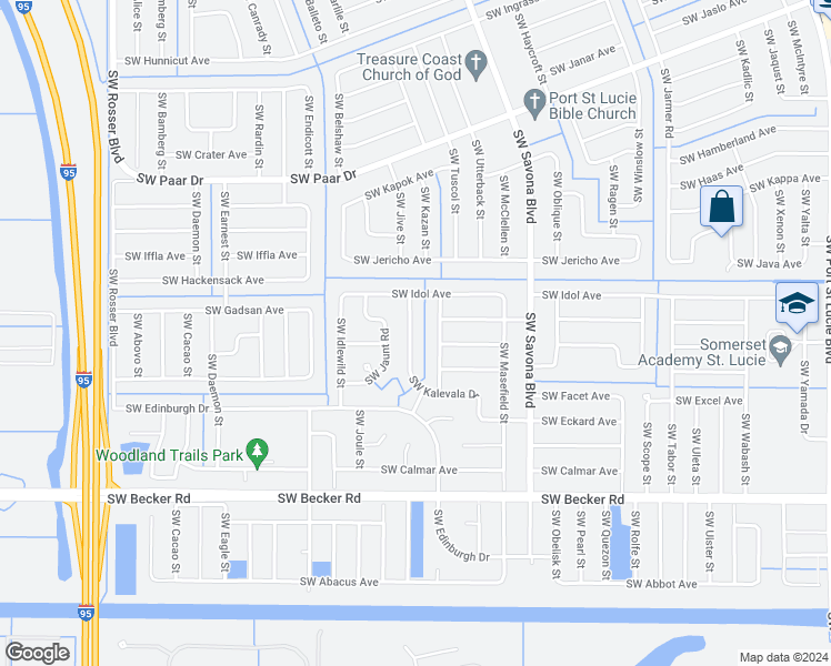 map of restaurants, bars, coffee shops, grocery stores, and more near 1269 Southwest Kalevala Drive in Port St. Lucie
