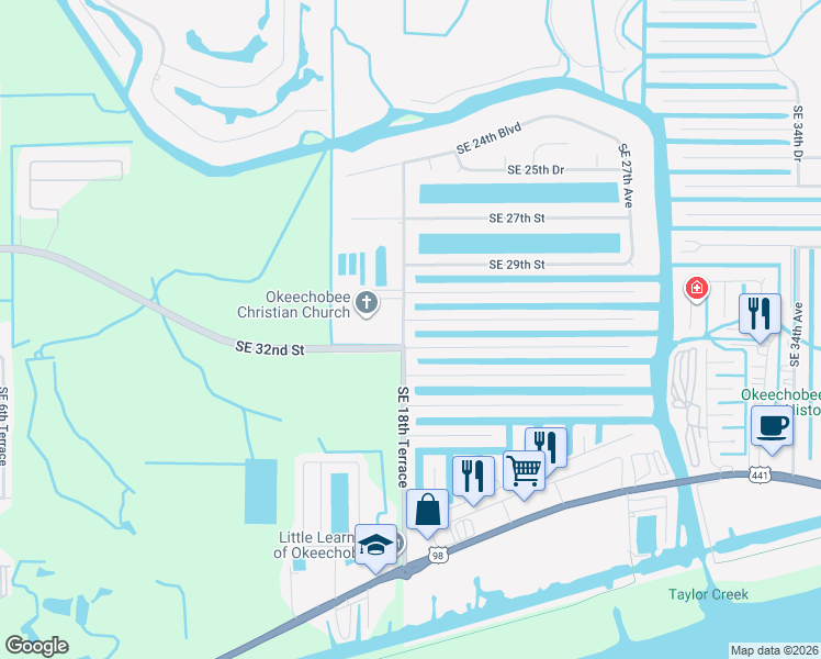map of restaurants, bars, coffee shops, grocery stores, and more near 3012 Southeast 18th Terrace in Okeechobee