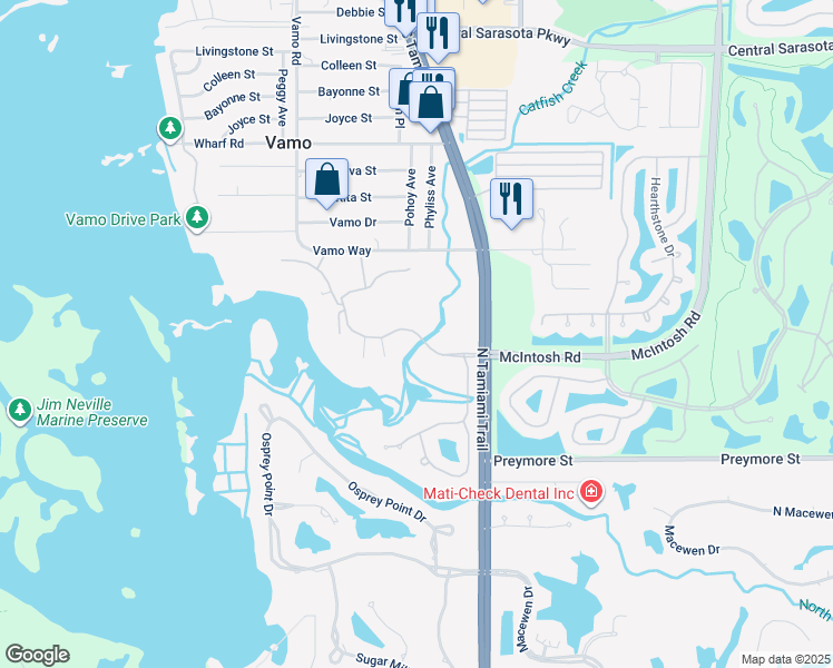map of restaurants, bars, coffee shops, grocery stores, and more near 136 North Point Road in Osprey