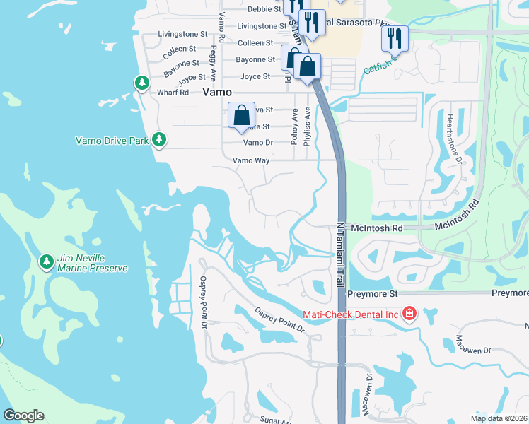 map of restaurants, bars, coffee shops, grocery stores, and more near 391 North Point Road in Osprey