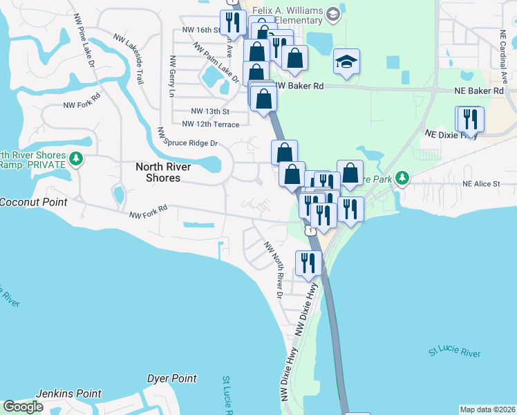 map of restaurants, bars, coffee shops, grocery stores, and more near 800 Northwest Fork Road in Stuart