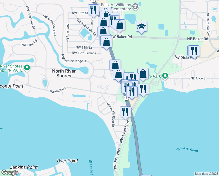 map of restaurants, bars, coffee shops, grocery stores, and more near 800 Northwest Fork Road in Stuart