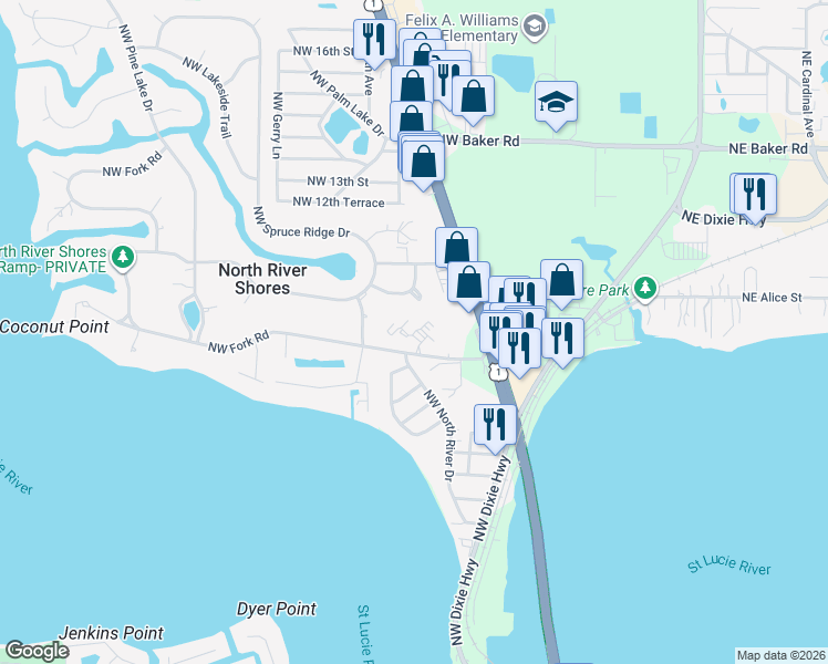 map of restaurants, bars, coffee shops, grocery stores, and more near 800 Northwest Fork Road in Stuart