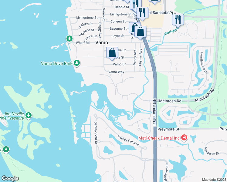 map of restaurants, bars, coffee shops, grocery stores, and more near 391 North Point Road in Osprey