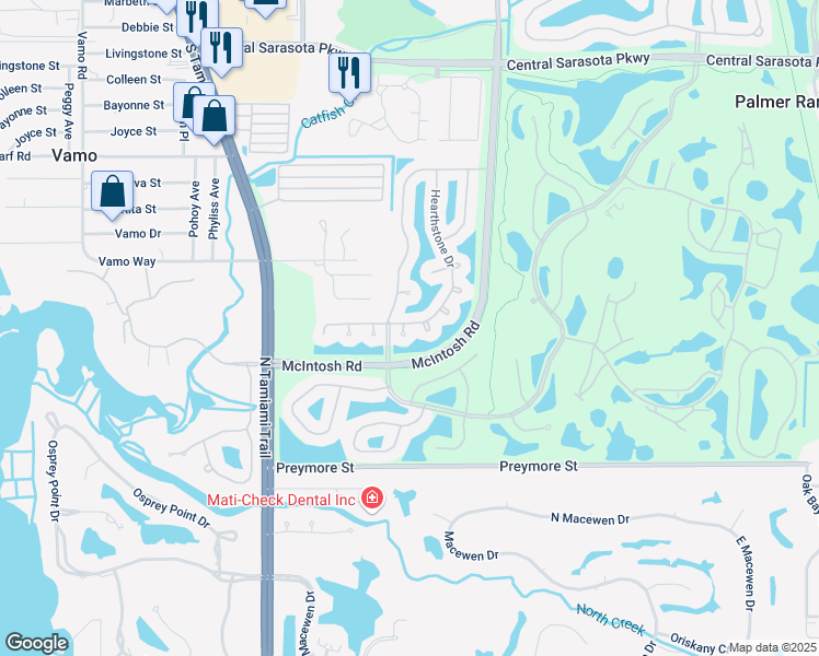 map of restaurants, bars, coffee shops, grocery stores, and more near 4156 Hearthstone Drive in Sarasota