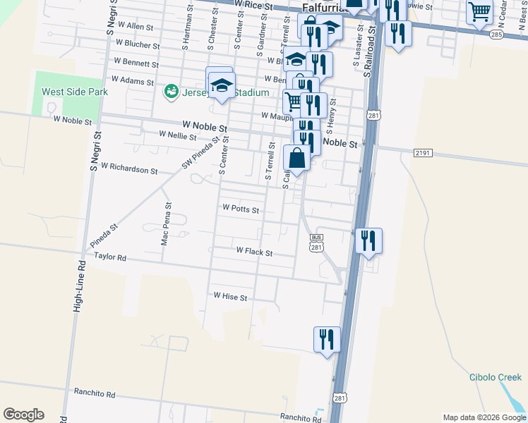 map of restaurants, bars, coffee shops, grocery stores, and more near 301 West Potts Street in Falfurrias
