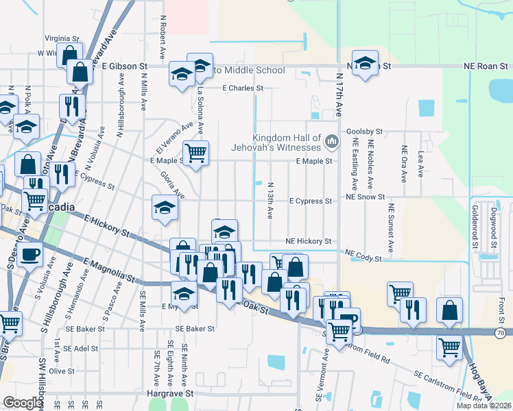 map of restaurants, bars, coffee shops, grocery stores, and more near 1204 East Cypress Street in Arcadia