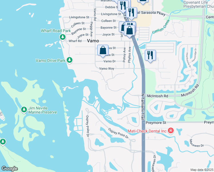 map of restaurants, bars, coffee shops, grocery stores, and more near 391 North Point Road in Osprey