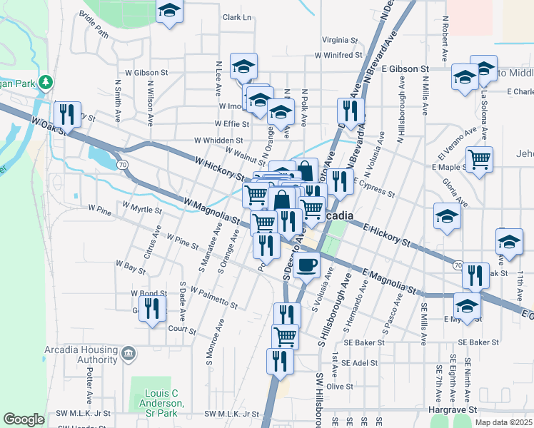 map of restaurants, bars, coffee shops, grocery stores, and more near 133 West Oak Street in Arcadia