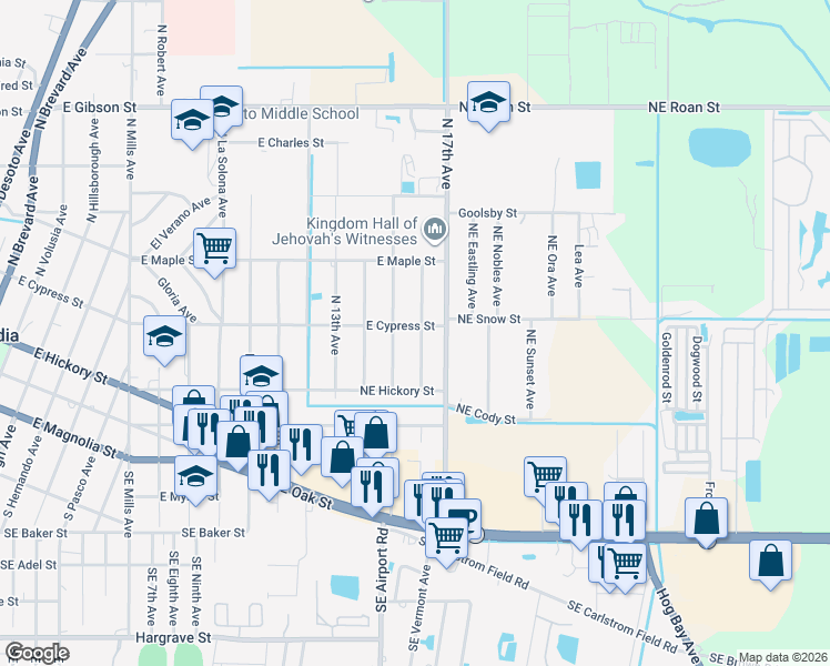 map of restaurants, bars, coffee shops, grocery stores, and more near 1514 East Cypress Street in Arcadia