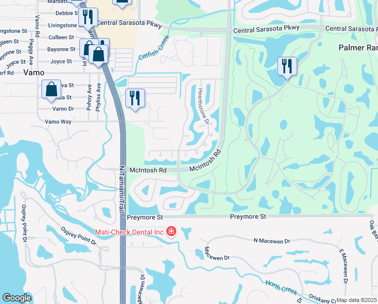 map of restaurants, bars, coffee shops, grocery stores, and more near 4156 Hearthstone Drive in Sarasota