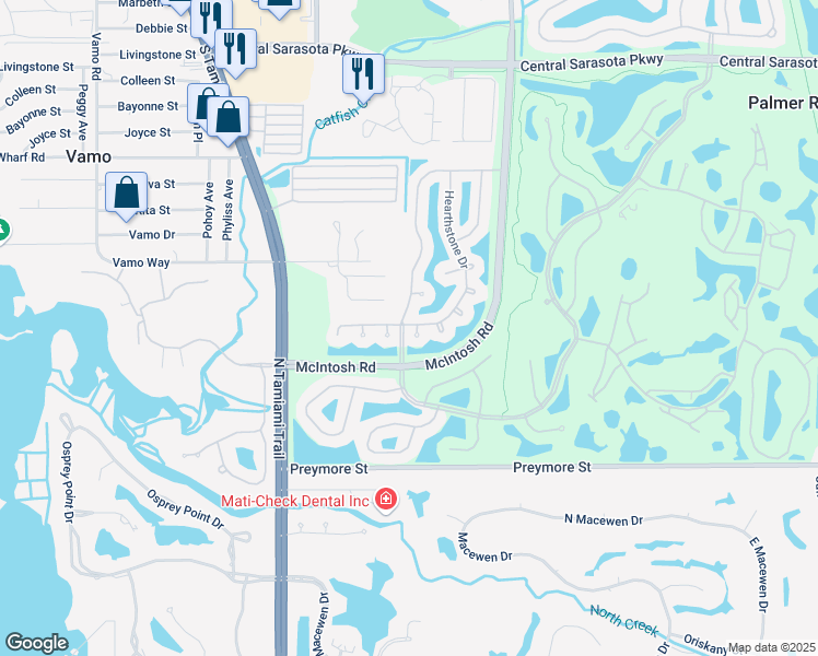 map of restaurants, bars, coffee shops, grocery stores, and more near 4156 Hearthstone Drive in Sarasota