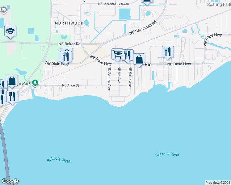 map of restaurants, bars, coffee shops, grocery stores, and more near 636 Northeast Waverly Terrace in Jensen Beach