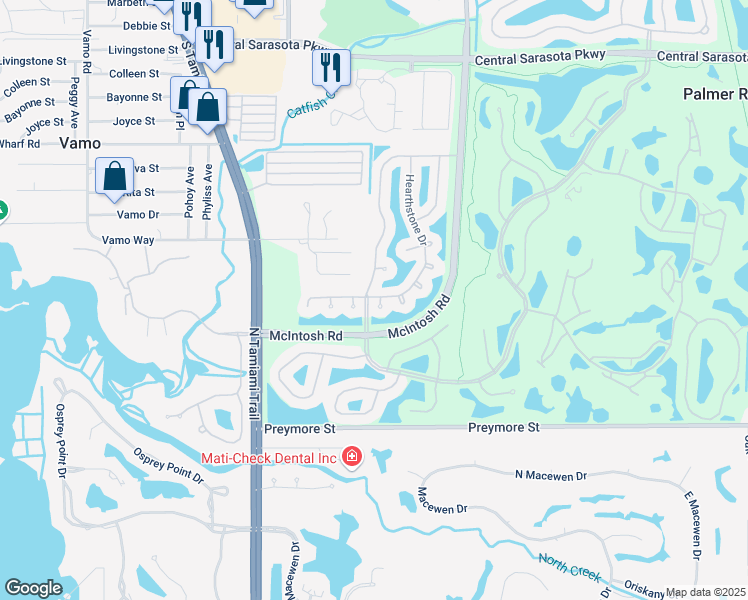 map of restaurants, bars, coffee shops, grocery stores, and more near 4156 Hearthstone Drive in Sarasota