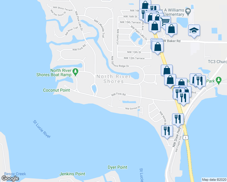 map of restaurants, bars, coffee shops, grocery stores, and more near 1229 Northwest Fork Road in Stuart
