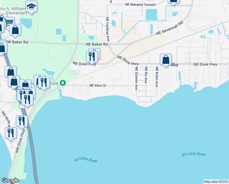map of restaurants, bars, coffee shops, grocery stores, and more near 388 Northeast Alice Street in Jensen Beach