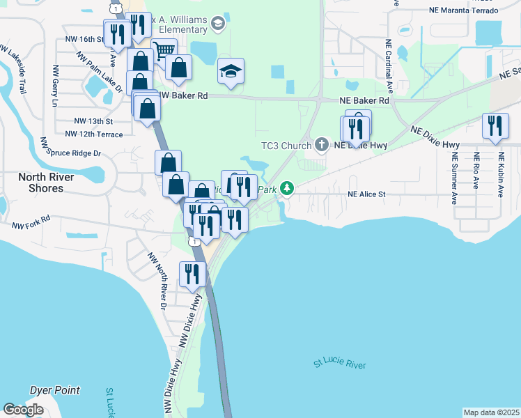 map of restaurants, bars, coffee shops, grocery stores, and more near NW Alice St & NW Alice Ave in Stuart