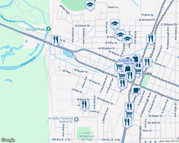 map of restaurants, bars, coffee shops, grocery stores, and more near 54 West Myrtle Street in Arcadia