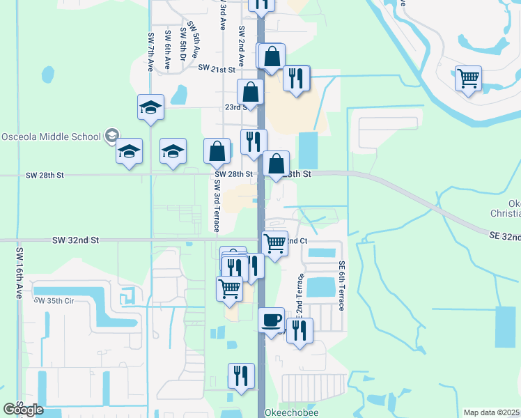 map of restaurants, bars, coffee shops, grocery stores, and more near 441 South Highway in Okeechobee