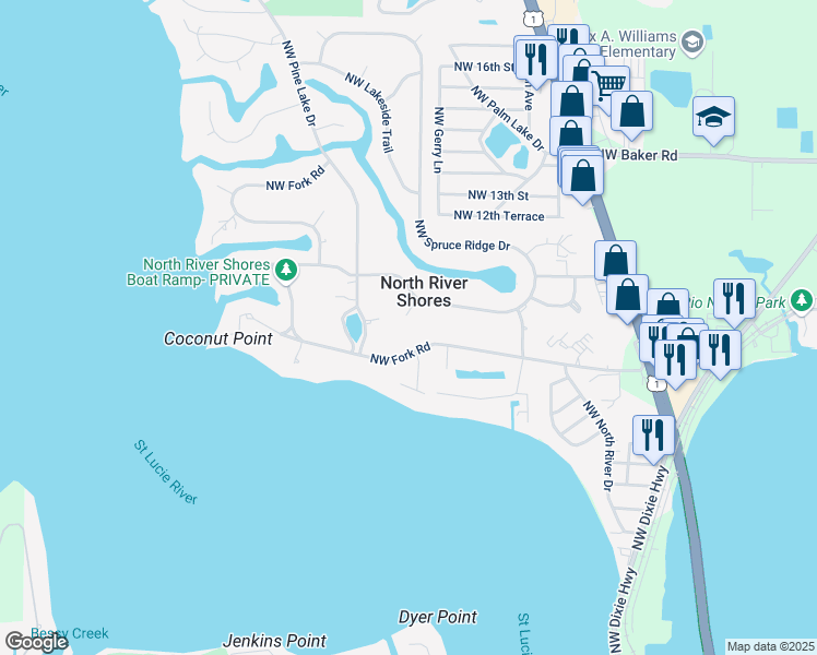 map of restaurants, bars, coffee shops, grocery stores, and more near 925 Northwest Egret Court in Stuart