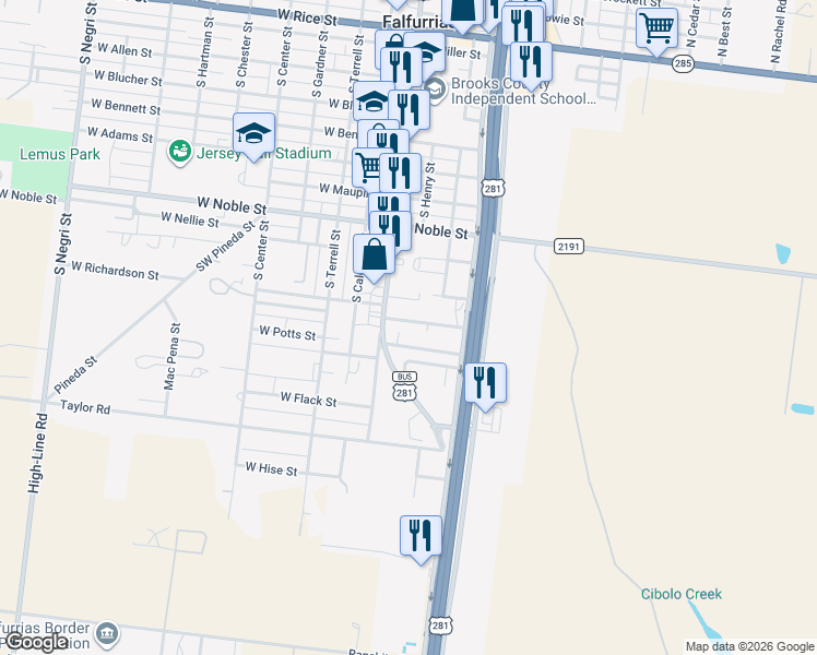 map of restaurants, bars, coffee shops, grocery stores, and more near 116 East Texas Avenue in Falfurrias