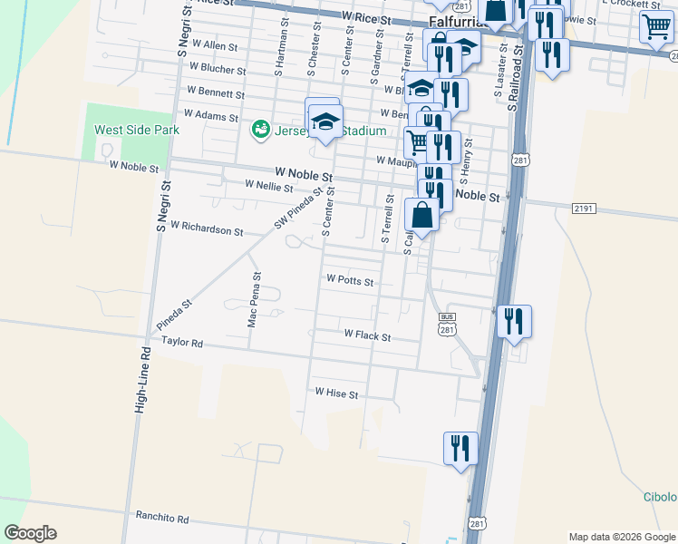 map of restaurants, bars, coffee shops, grocery stores, and more near 301-327 West Potts Street in Falfurrias