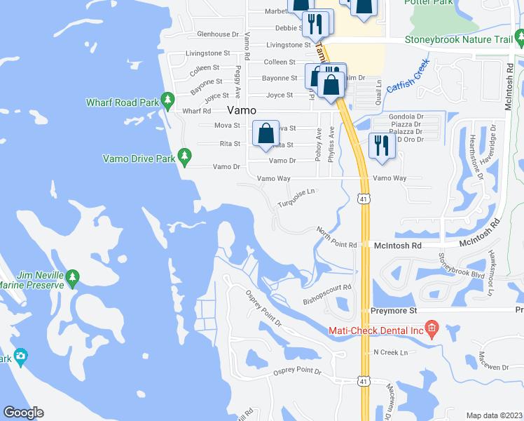 map of restaurants, bars, coffee shops, grocery stores, and more near 401 North Point Road in Osprey