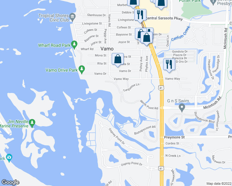 map of restaurants, bars, coffee shops, grocery stores, and more near 393 North Point Road in Osprey