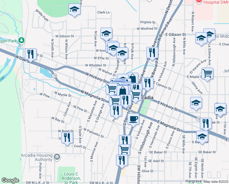 map of restaurants, bars, coffee shops, grocery stores, and more near 133 West Oak Street in Arcadia