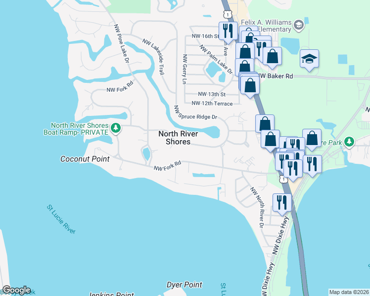 map of restaurants, bars, coffee shops, grocery stores, and more near 1229 Northwest Fork Road in Stuart