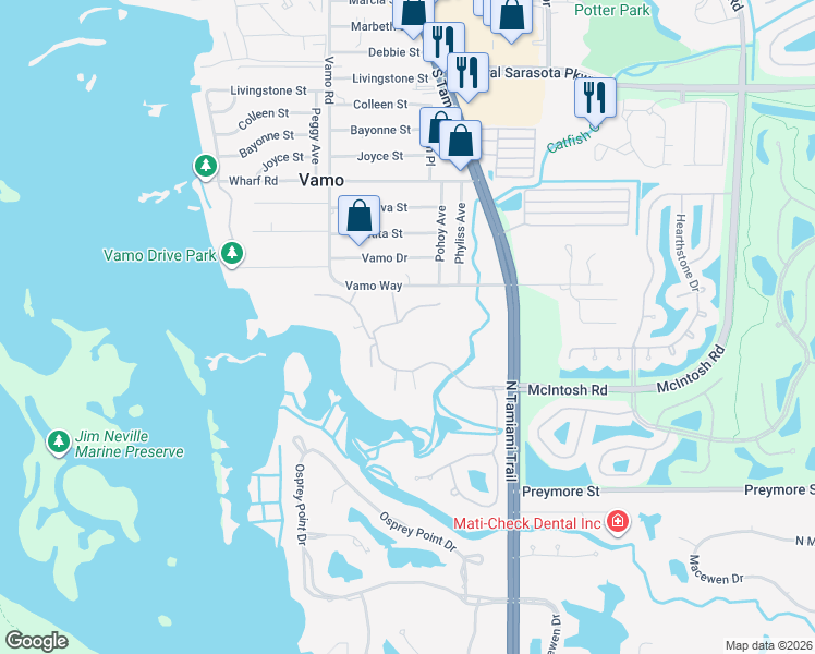 map of restaurants, bars, coffee shops, grocery stores, and more near 223 Turquoise Lane in Osprey