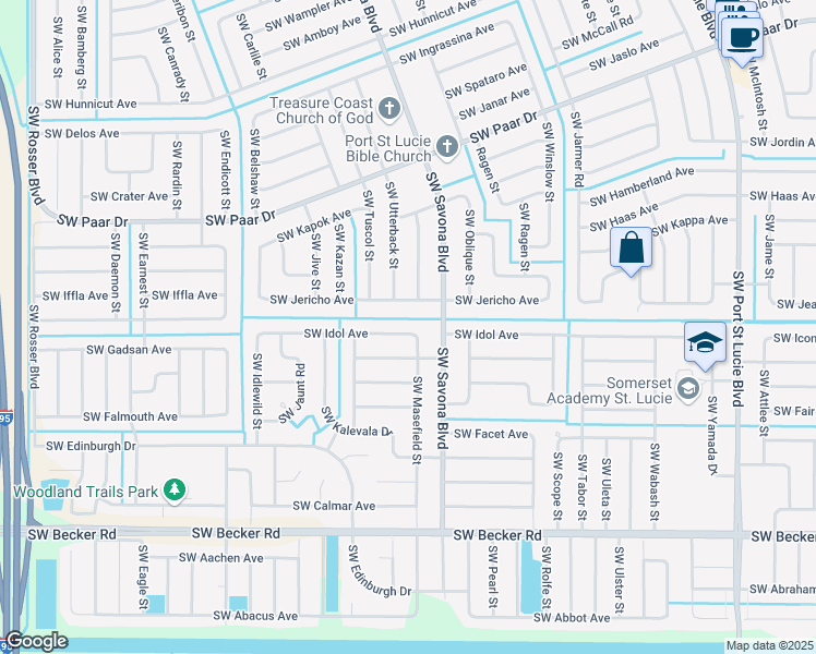 map of restaurants, bars, coffee shops, grocery stores, and more near 1209 Southwest Idol Avenue in Port St. Lucie