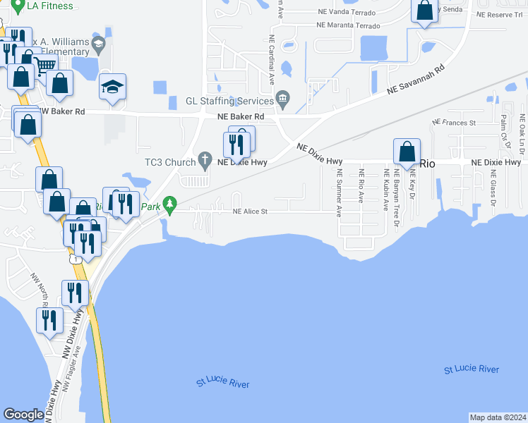 map of restaurants, bars, coffee shops, grocery stores, and more near 268 Northwest Alice Street in Jensen Beach