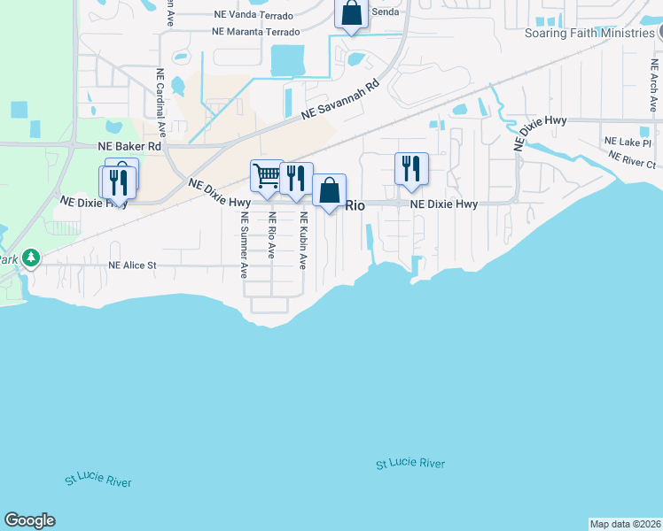 map of restaurants, bars, coffee shops, grocery stores, and more near 1035 Northeast Banyan Tree Drive in Jensen Beach