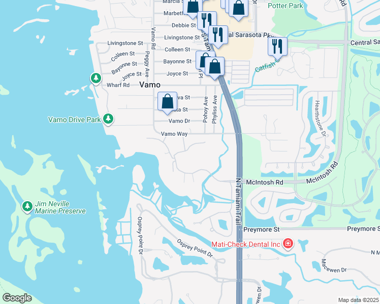 map of restaurants, bars, coffee shops, grocery stores, and more near 223 Turquoise Lane in Osprey