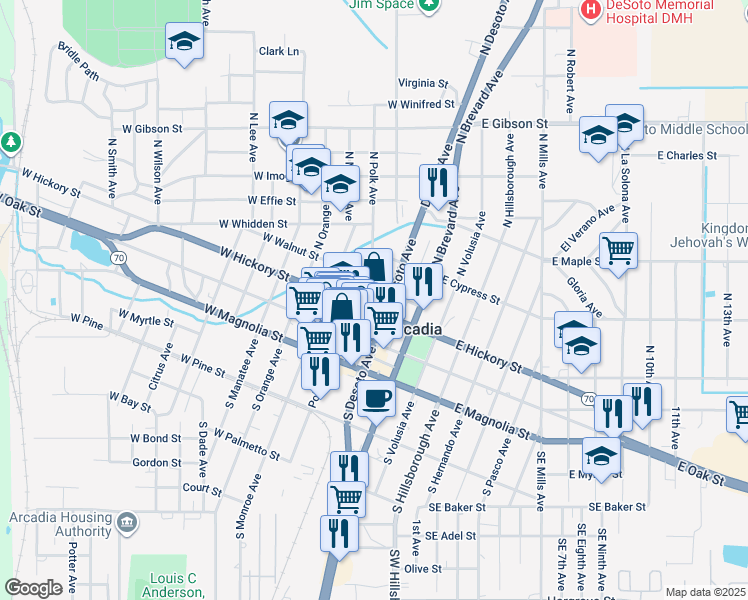map of restaurants, bars, coffee shops, grocery stores, and more near 143 North Desoto Avenue in Arcadia