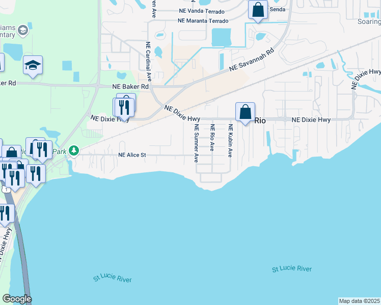 map of restaurants, bars, coffee shops, grocery stores, and more near 1021 Northeast Santa Cruz Drive in Jensen Beach