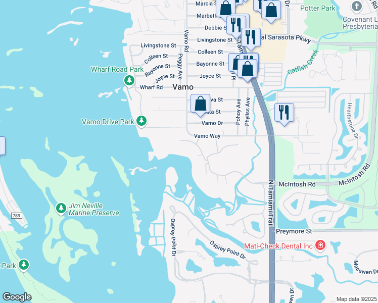 map of restaurants, bars, coffee shops, grocery stores, and more near 3615 North Point Road in Osprey