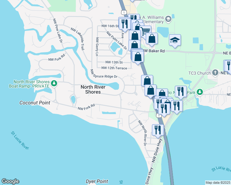map of restaurants, bars, coffee shops, grocery stores, and more near 884 Northwest Spruce Ridge Drive in Stuart