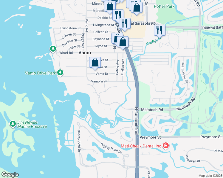 map of restaurants, bars, coffee shops, grocery stores, and more near 223 Turquoise Lane in Osprey