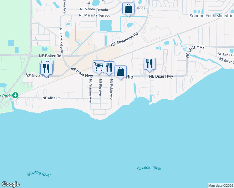 map of restaurants, bars, coffee shops, grocery stores, and more near 1035 Northeast Banyan Tree Drive in Jensen Beach