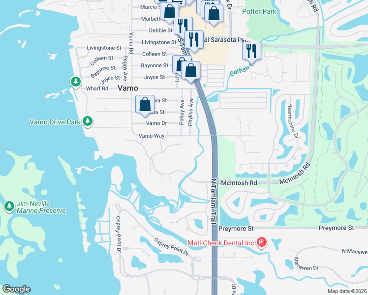 map of restaurants, bars, coffee shops, grocery stores, and more near 105 Turquoise Lane in Osprey