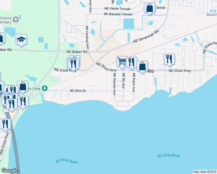 map of restaurants, bars, coffee shops, grocery stores, and more near 1021 Northeast Santa Cruz Drive in Jensen Beach