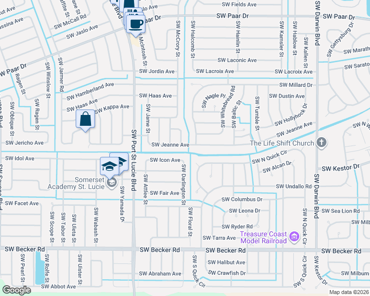 map of restaurants, bars, coffee shops, grocery stores, and more near 590 Southwest Jeanne Avenue in Port St. Lucie