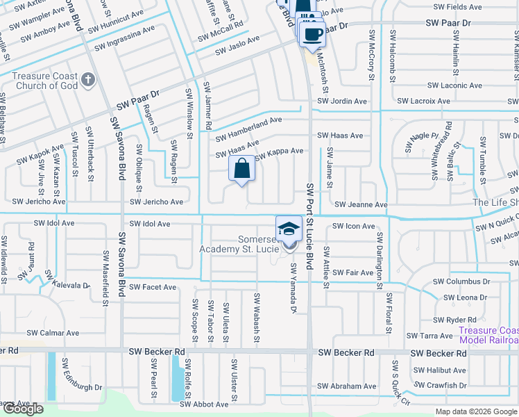 map of restaurants, bars, coffee shops, grocery stores, and more near 848 Southwest Java Avenue in Port St. Lucie