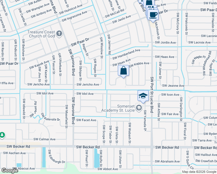 map of restaurants, bars, coffee shops, grocery stores, and more near 1002 Southwest Jericho Avenue in Port St. Lucie