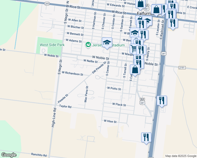 map of restaurants, bars, coffee shops, grocery stores, and more near 225-249 Southwest Pineda Street in Falfurrias