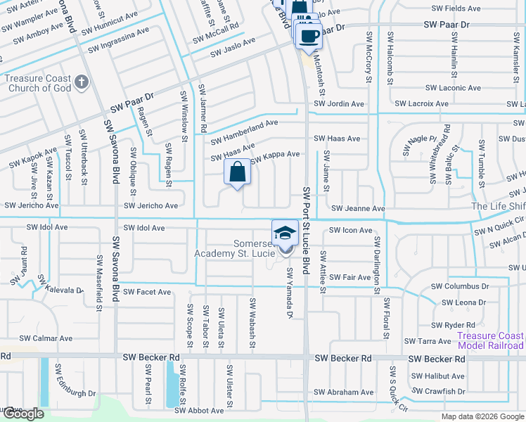 map of restaurants, bars, coffee shops, grocery stores, and more near 848 Southwest Java Avenue in Port St. Lucie
