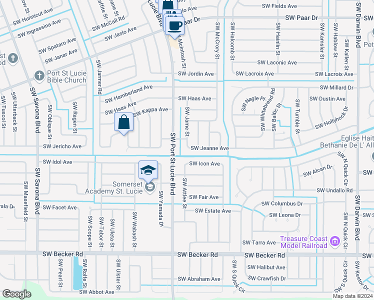 map of restaurants, bars, coffee shops, grocery stores, and more near 698 Southwest Jeanne Avenue in Port St. Lucie